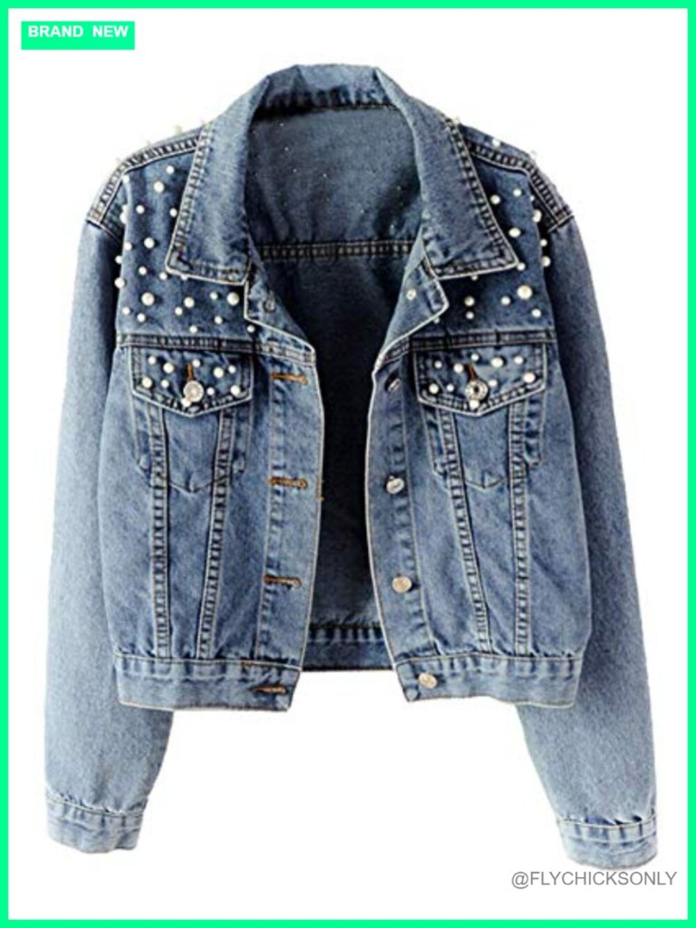 Kedera Oversized Denim Jacket Embroidered Pearls Beading Button Down